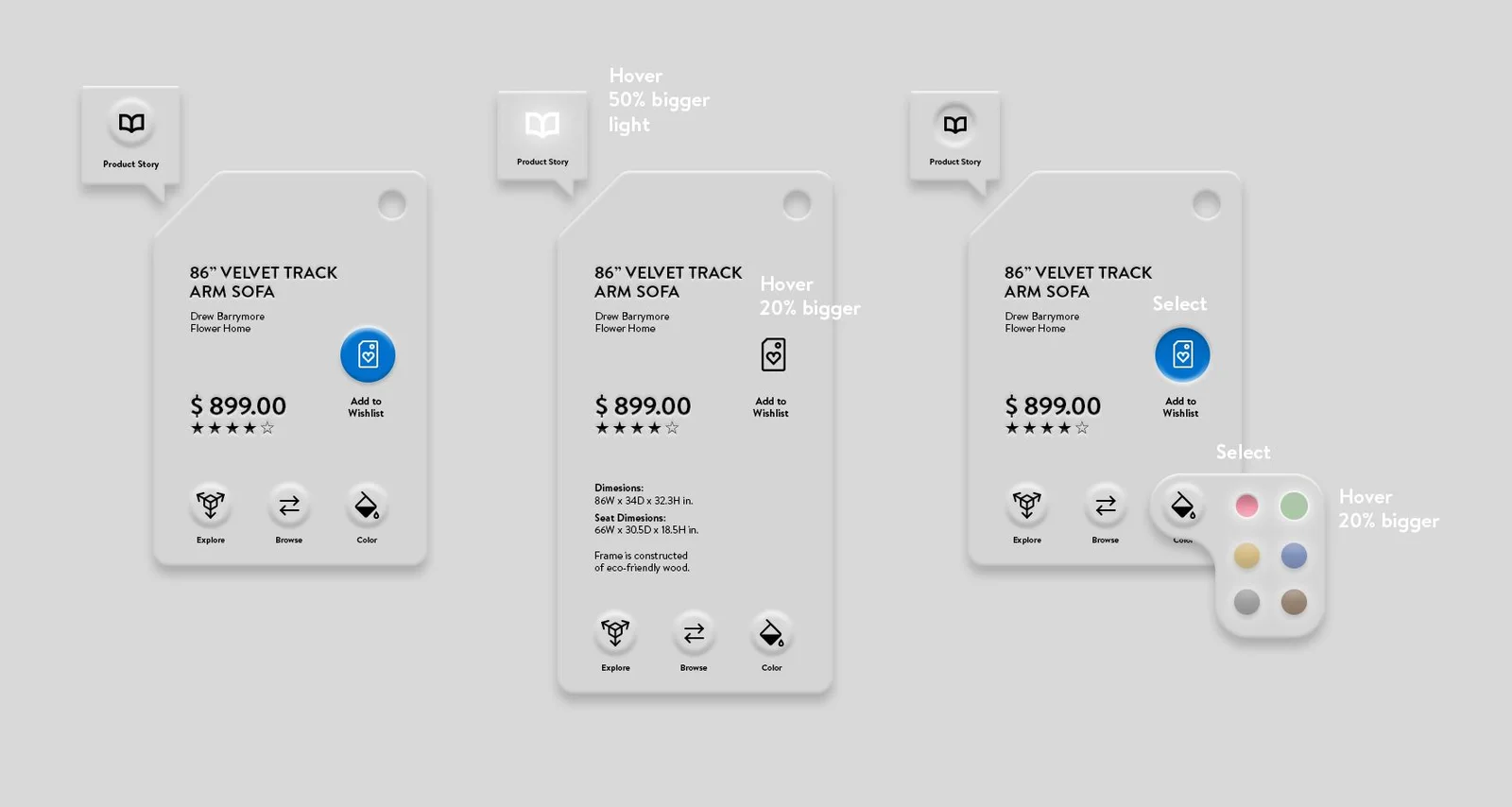 Early concepts for a product card with price, rating and action icons