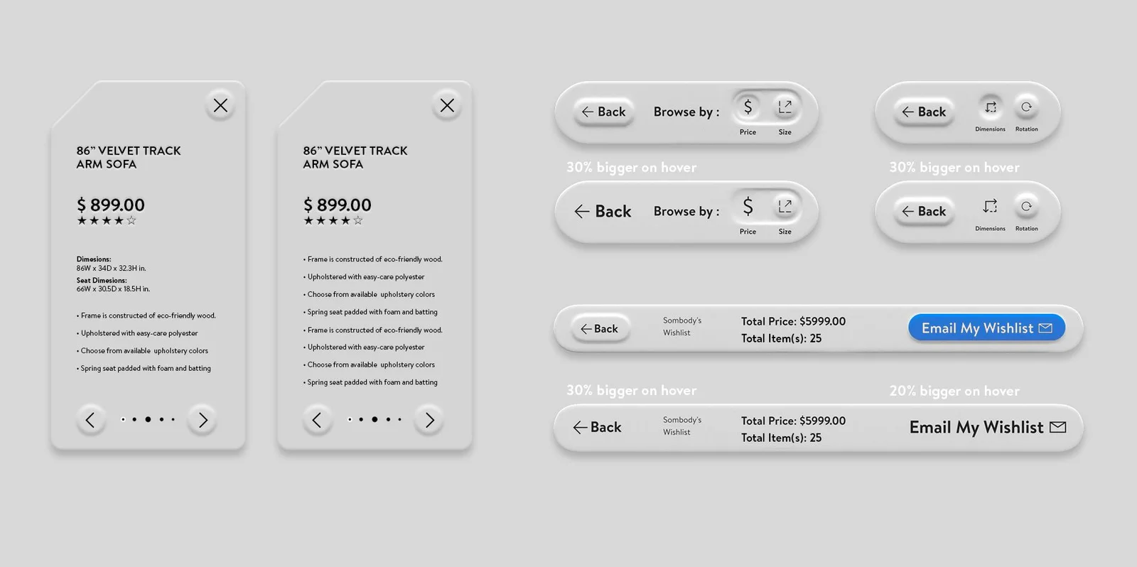 The final menu components: product cards, navigation bars and wishlist bar
