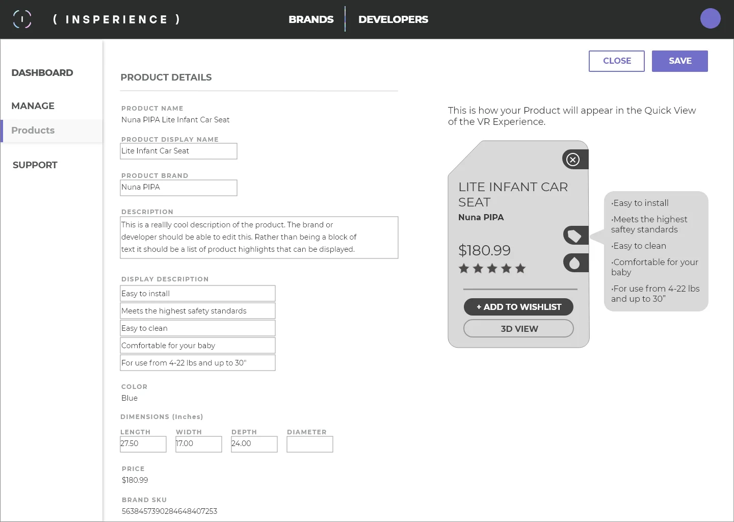 Product detail editing alongside a preview of the product card as it appears in VR