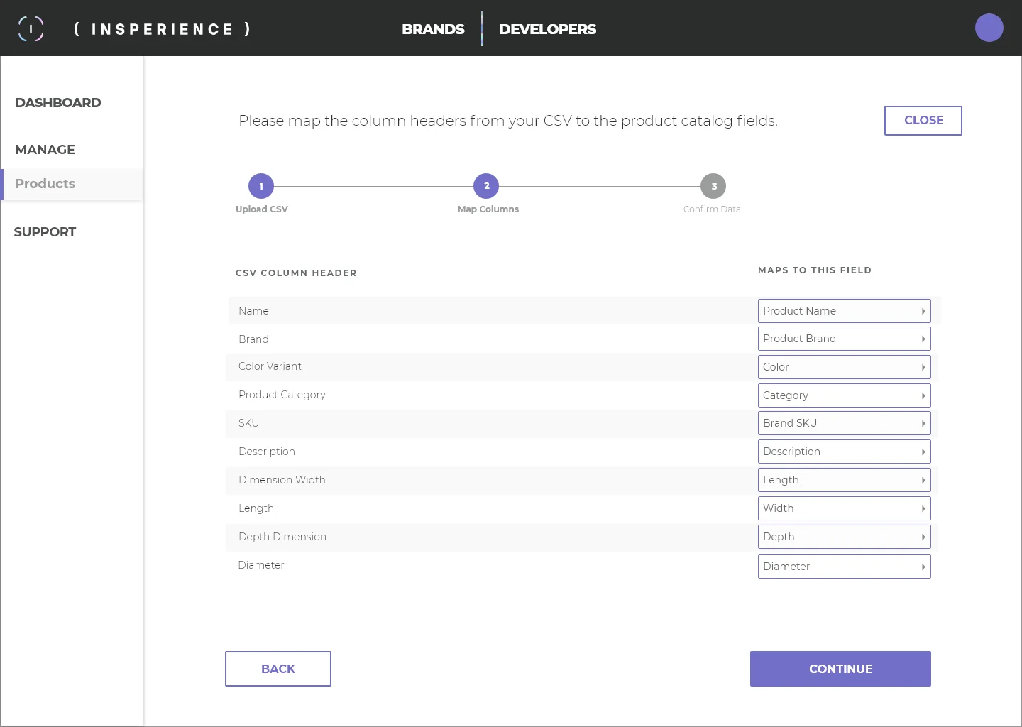 Step two of product import: map spreadsheet columns to catalog fields