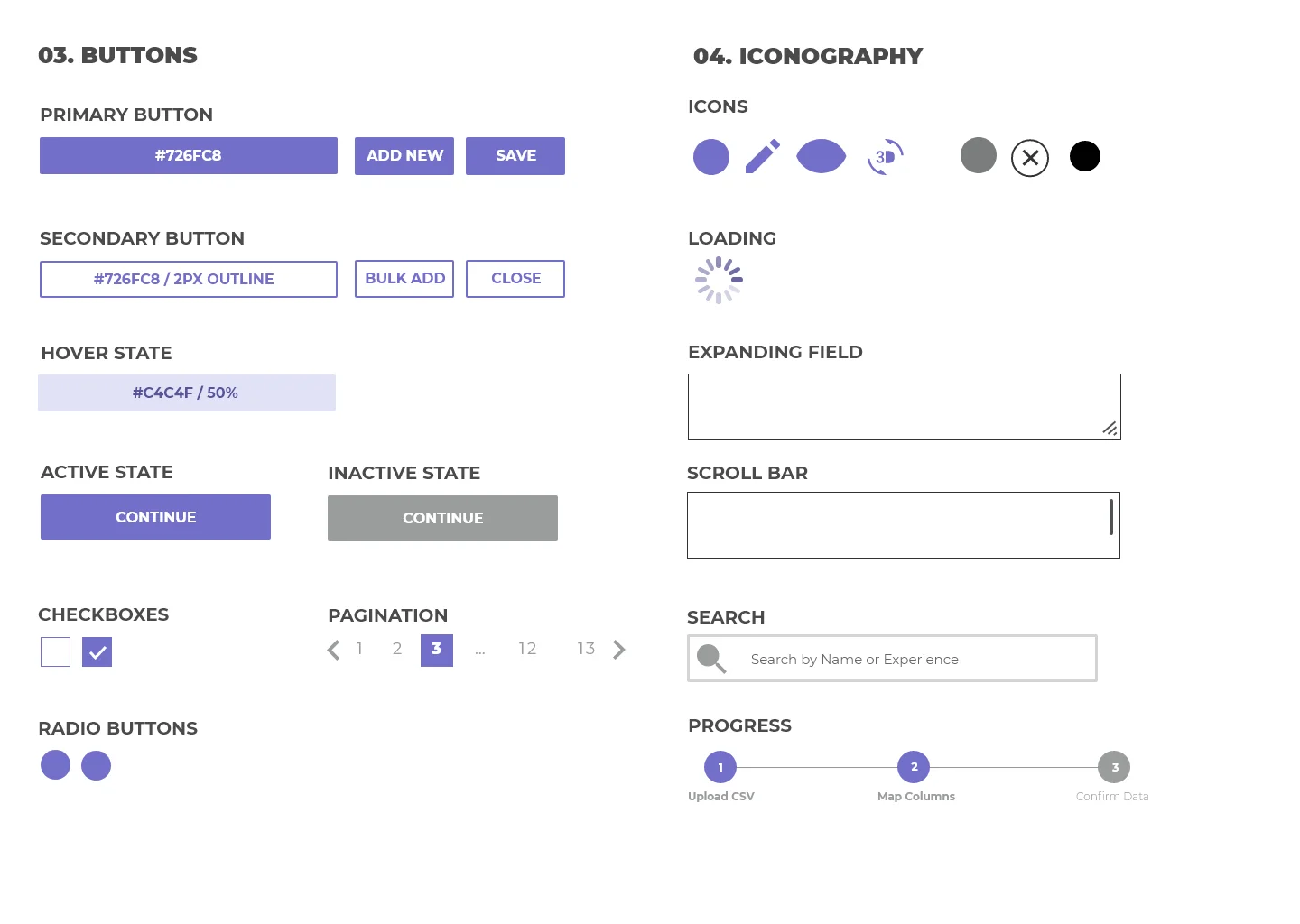 Design system sheet covering buttons, iconography, loading, fields, checkboxes and progress