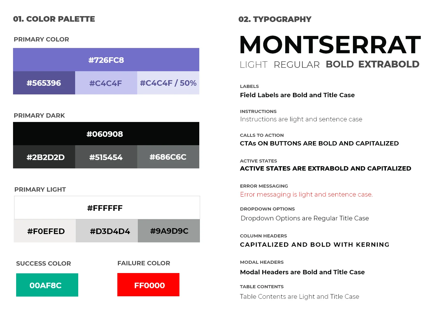 Design system sheet covering color palette and typography