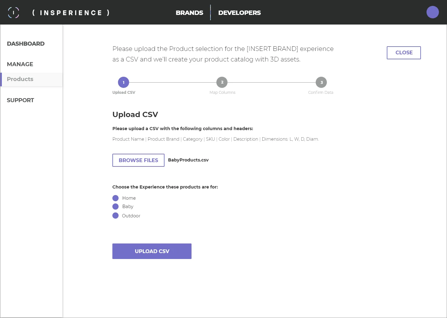 Step one of product import: upload a CSV file