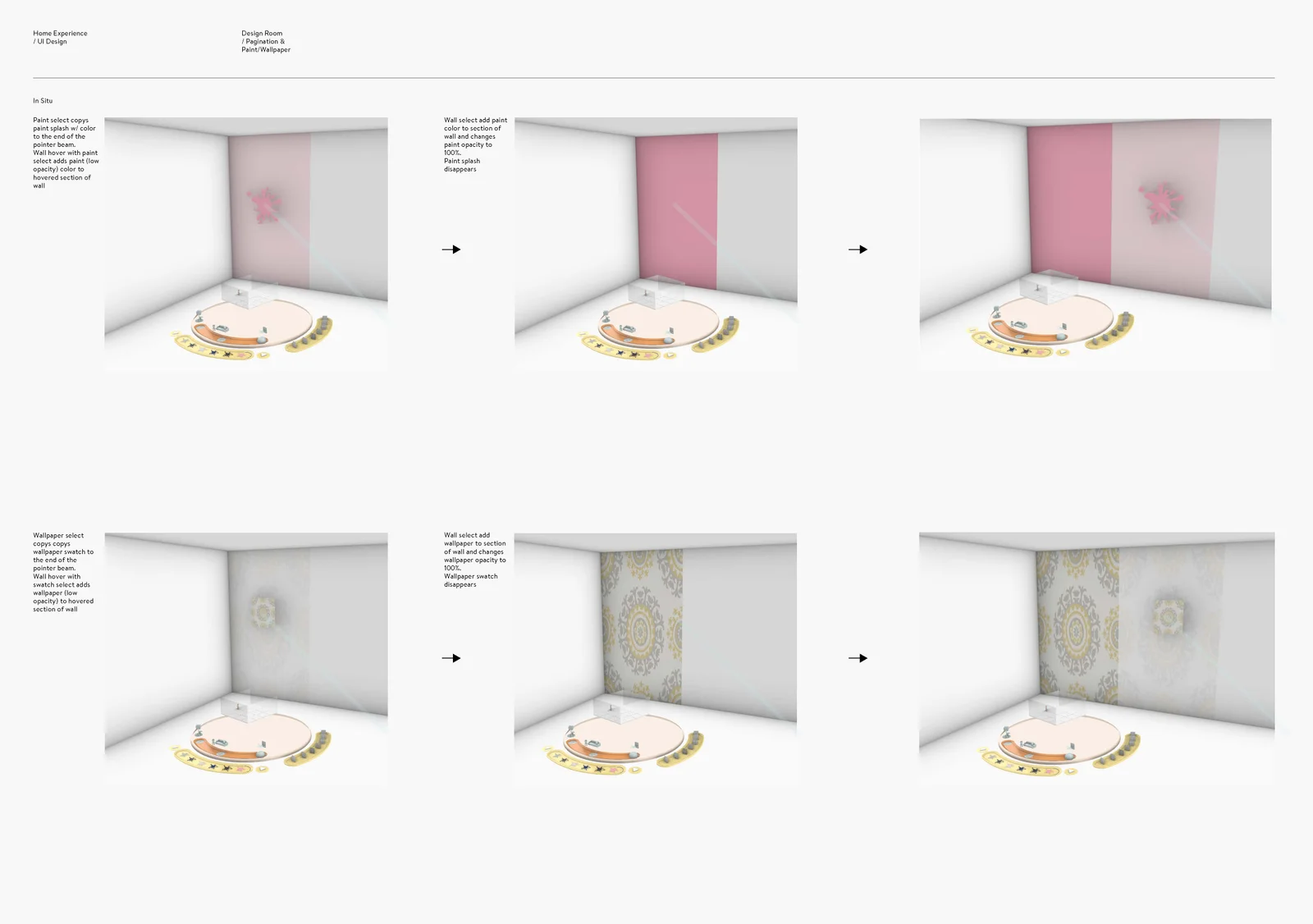 Six frames showing a wall being hovered, selected and wallpapered