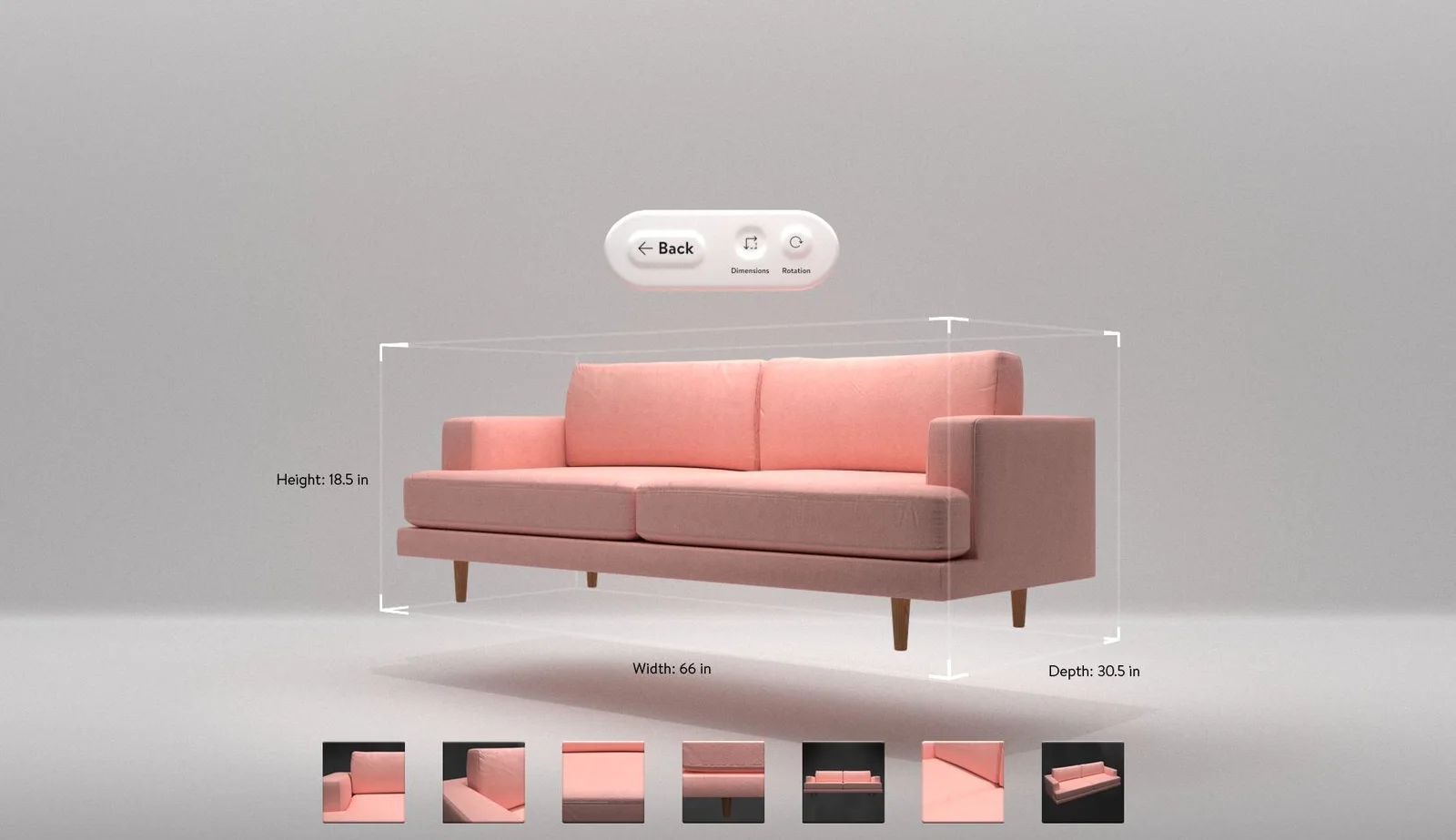 A sofa turned to a three-quarter view with dimension markers