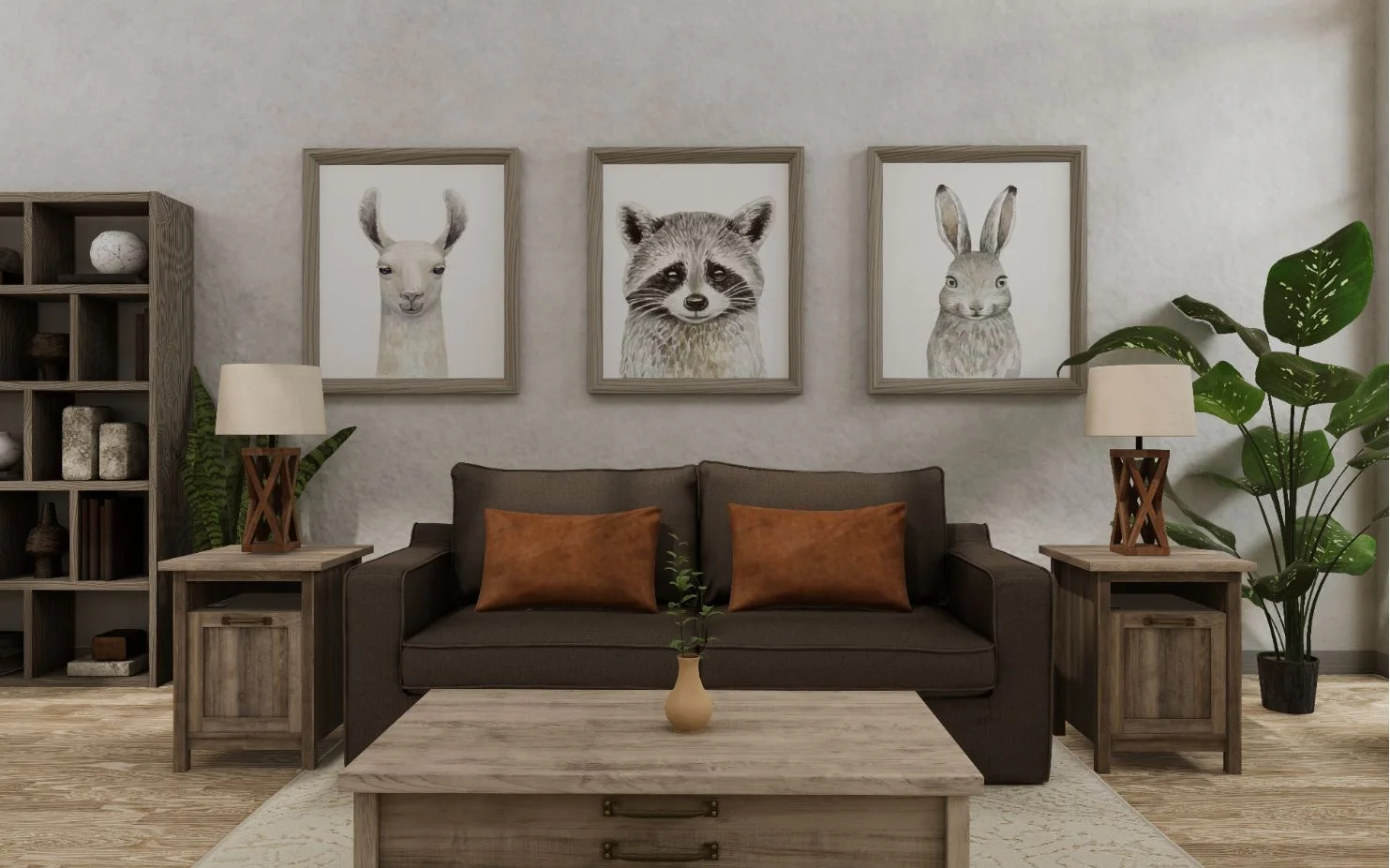 A virtual living room in farmhouse style: wood-panelled wall, brown leather sofa, framed animal prints