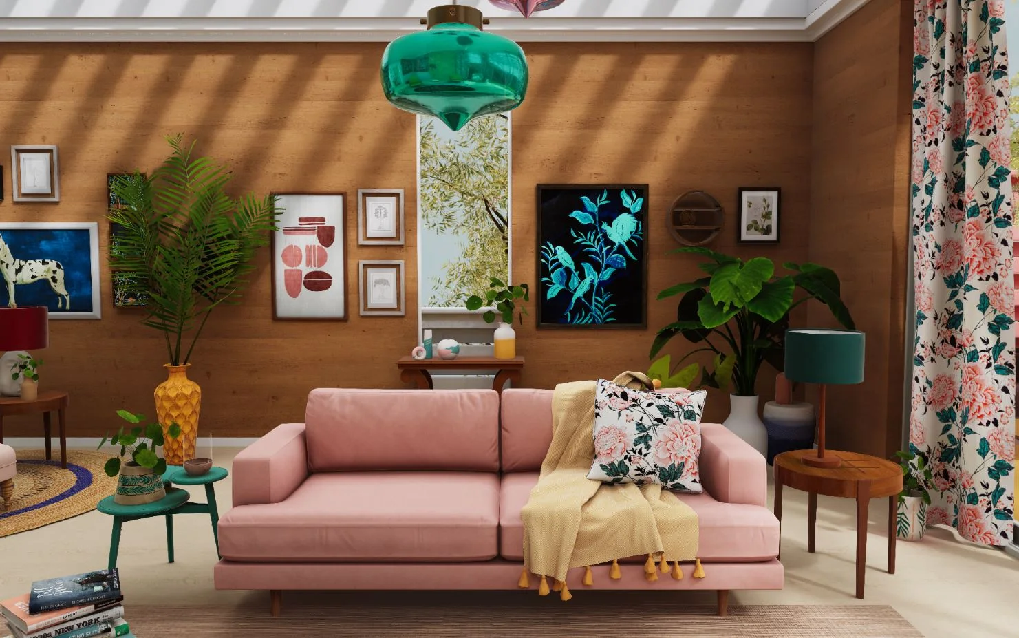 A virtual living room in floral style: pink sofa, patterned curtains, bright cushions