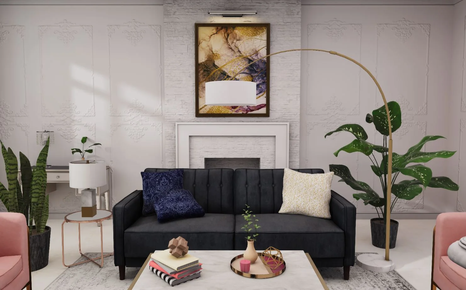 A virtual living room in glam style: black velvet sofa, white panelled wall, gold accents