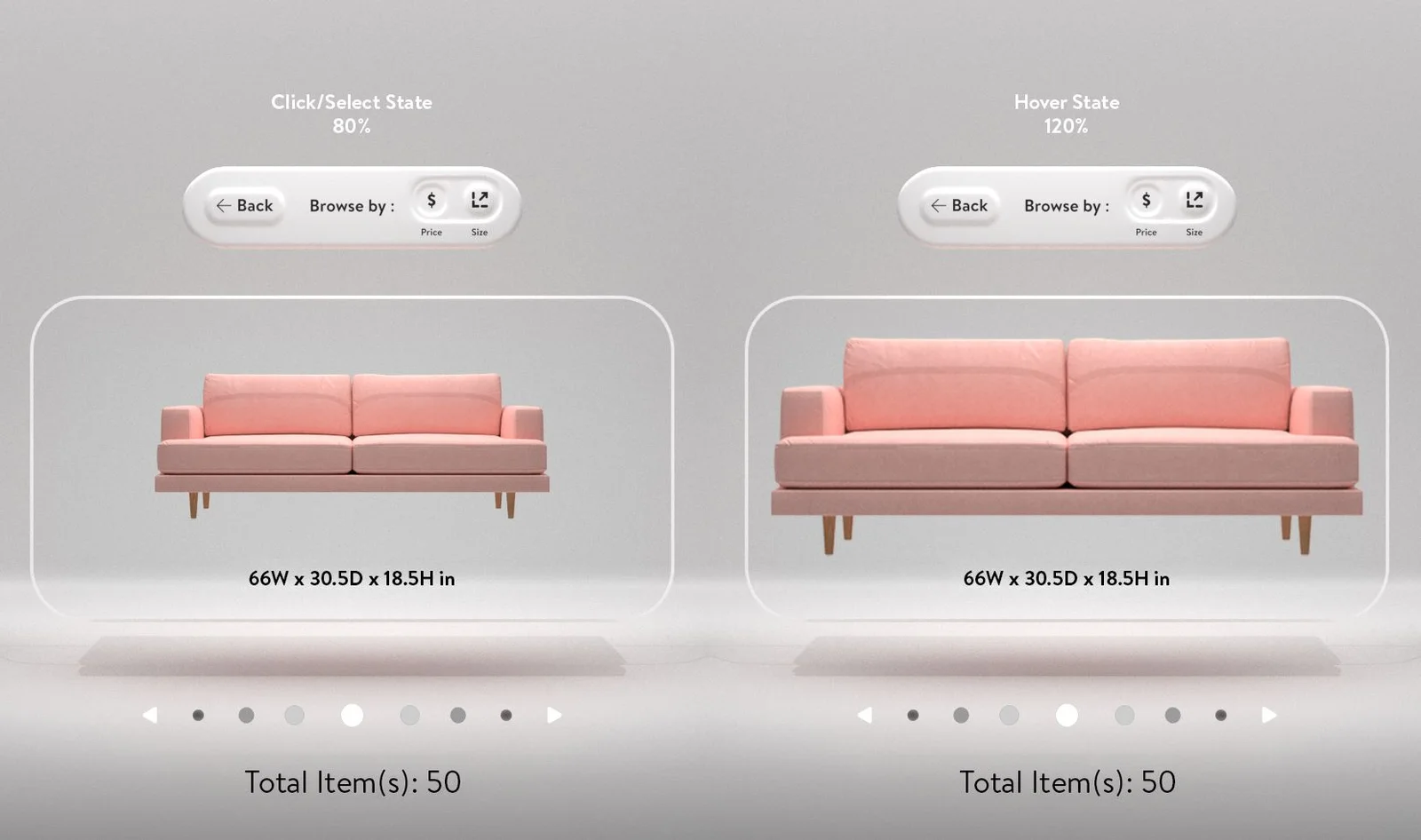 Two versions of a product carousel showing select and hover states