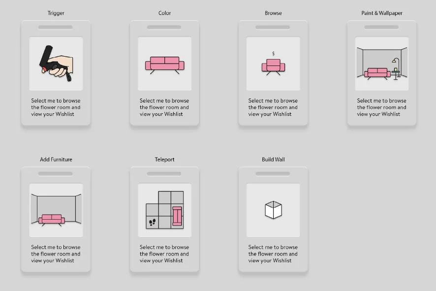 Seven instruction cards for trigger, color, browse, paint, add furniture, teleport and build wall