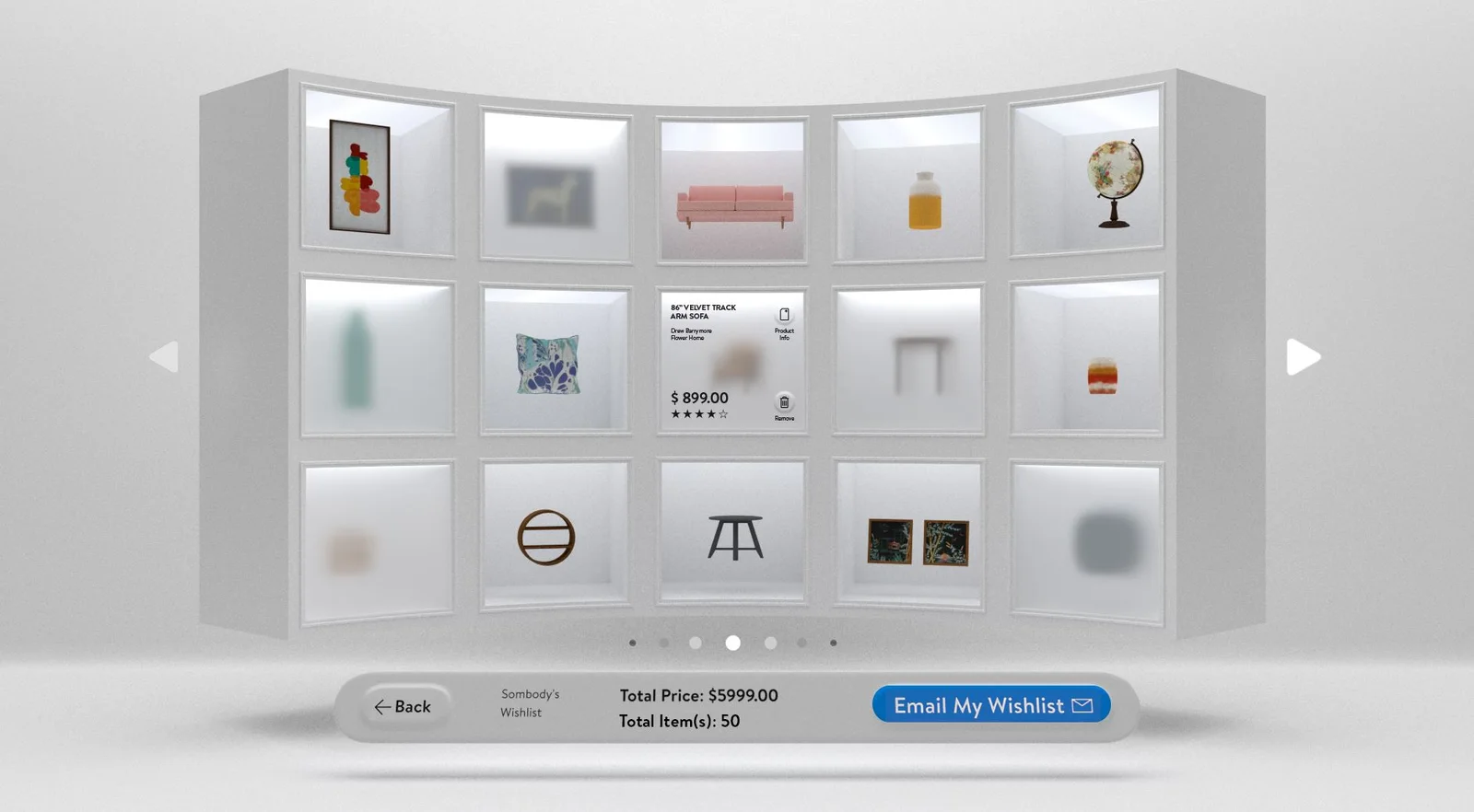 The wishlist shelf filled with products, above a bar showing total price and item count