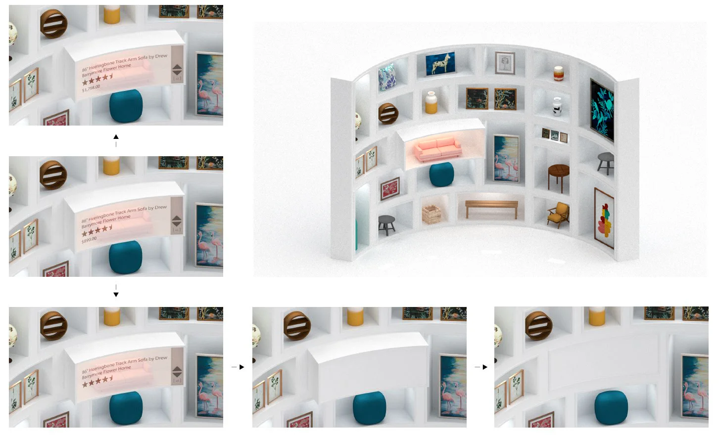 Hover states on shelf items and a view of the curved shelf from outside